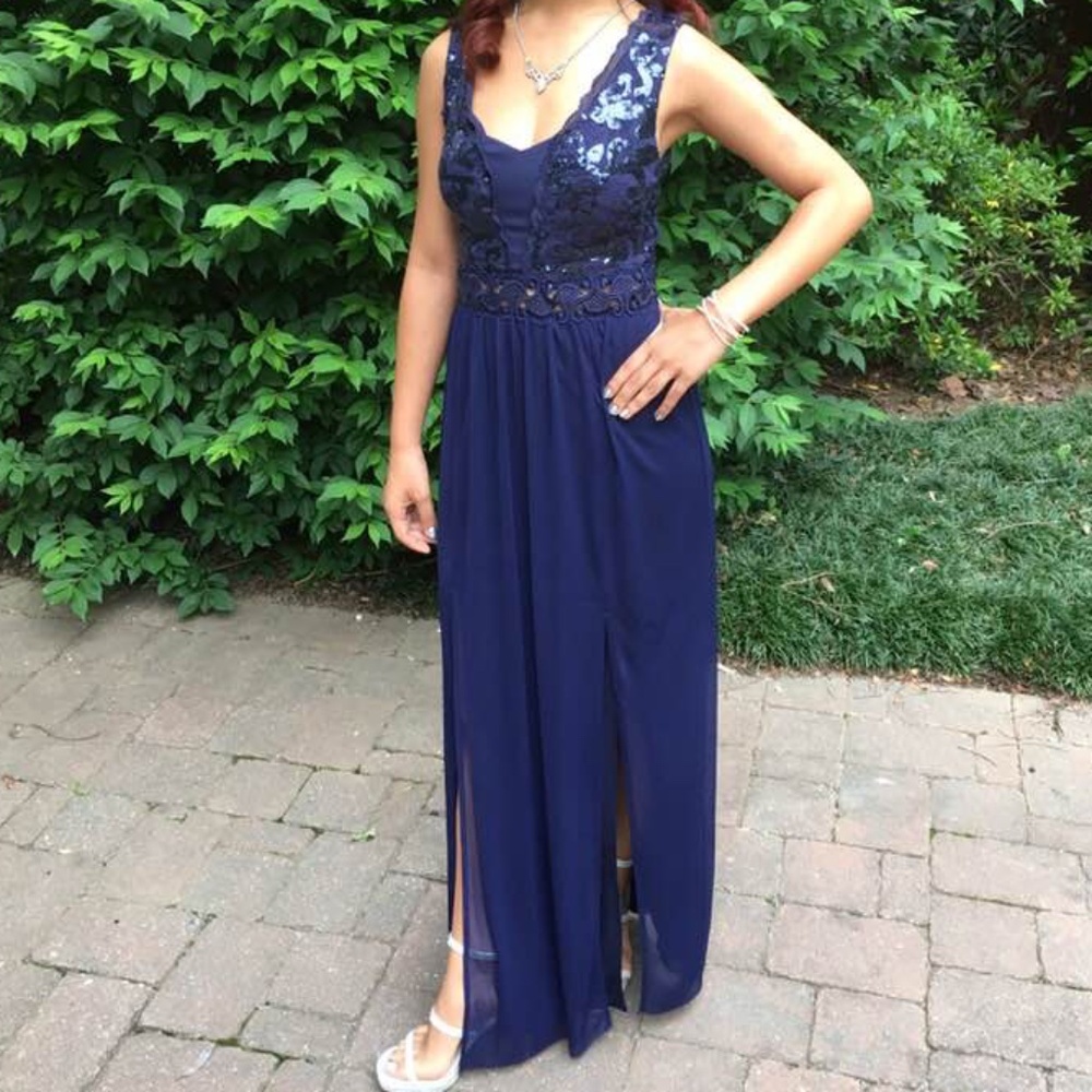 BCX Navy Blue Open Back Full Length Gown with Double Slit